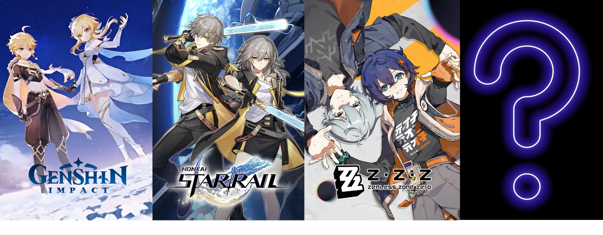 miHoYo's three big games: Genshin Impact, Honkai: Star Rail, and Zenless Zone Zero, beside a question mark hinting at their next projects.